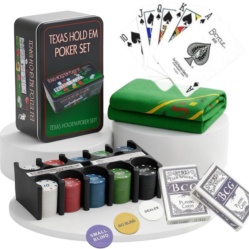 Storio طقم رقائق بوكر بأسلوب كازينو للبالغين 200 قطعة في علبة معدنية، 2 مجموعة من الأوراق، 1 زر موزع، 1 زر رهان كبير، 1 زر رهان صغير - Image 1