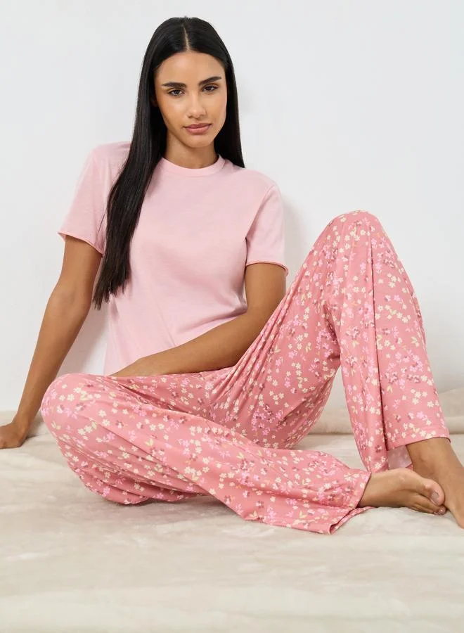 Styli Solid T-Shirt and Floral Pyjama Set