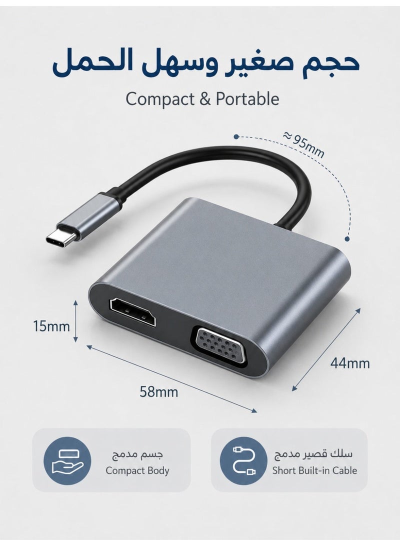 زابلين  محول محول USB C 4 في 1 مع HDMI 4K وVGA 1080P، شحن PD بقدرة 100 وات، منفذ بيانات USB 3.0، تصميم صغير مناسب لجهاز MacBook Air/Pro، Dell XPS، HP، Surface Pro، وأجهزة الحاسوب المحمولة - Image 5