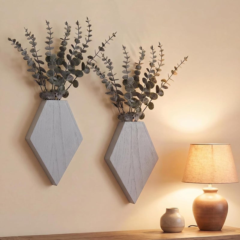 Chunful Wooden Wall Planter Decor Hanging Fake Plants Greenery Flowers Holder Vase Boxes for Wall Farmhouse Bohemian Living Room Bedroom Kitchen Office Indoor Decoration (Light Gray,2 Pcs) - Image 1