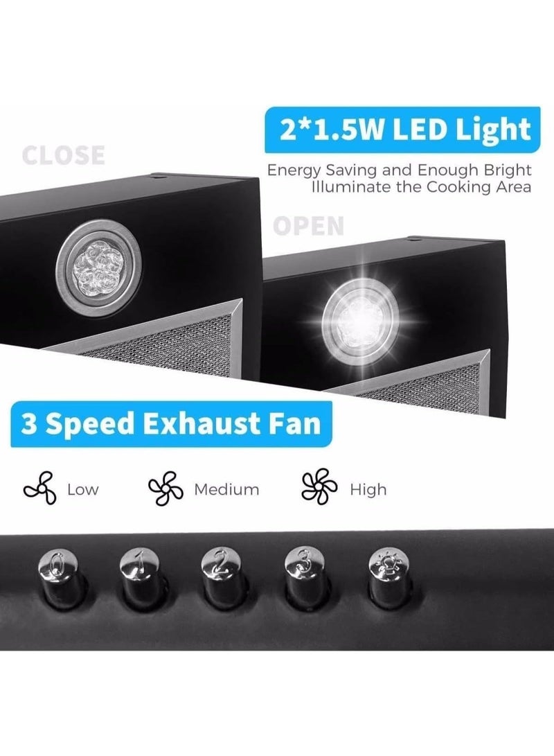 ADMORE 60cm Kitchen Cooker Hood – Black Under Cabinet Chimney with 1700 RPM Exhaust Fan – Slim Range Hood for 60x60 Cooking Range – 3 Speed LED Light & Carbon Filter (Ductless or Ducted) - Image 5