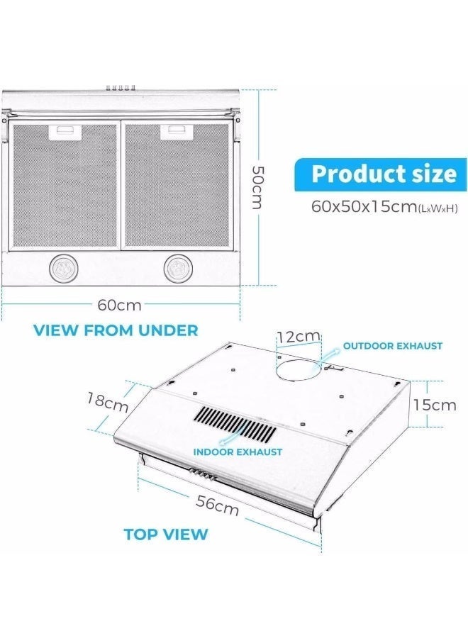 ADMORE 60cm Kitchen Cooker Hood – Black Under Cabinet Chimney with 1700 RPM Exhaust Fan – Slim Range Hood for 60x60 Cooking Range – 3 Speed LED Light & Carbon Filter (Ductless or Ducted) - Image 3