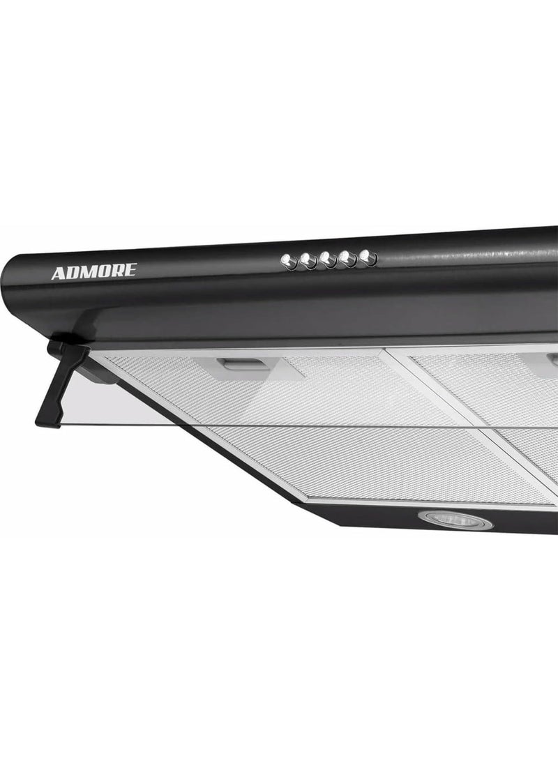 ADMORE 60cm Kitchen Cooker Hood – Black Under Cabinet Chimney with 1700 RPM Exhaust Fan – Slim Range Hood for 60x60 Cooking Range – 3 Speed LED Light & Carbon Filter (Ductless or Ducted) - Image 2