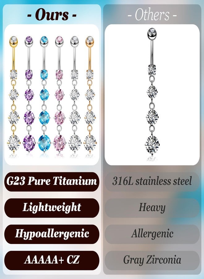 LOREMOW 14G G23 Pure Titanium Dangle Belly Button Rings for Women Dangling Belly Ring Curved Barbell Internally Threaded Navel Rings CZ Navel Piercing Jewelry Gold - Image 5