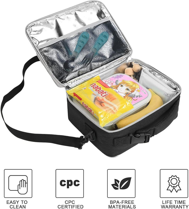 Amersun حقيبة غداء للأولاد والبنات، سوداء مع حزام كتف، بوليستر، إسفنجي، 10.2"L x 8.2"H x 0.43"W - Image 3