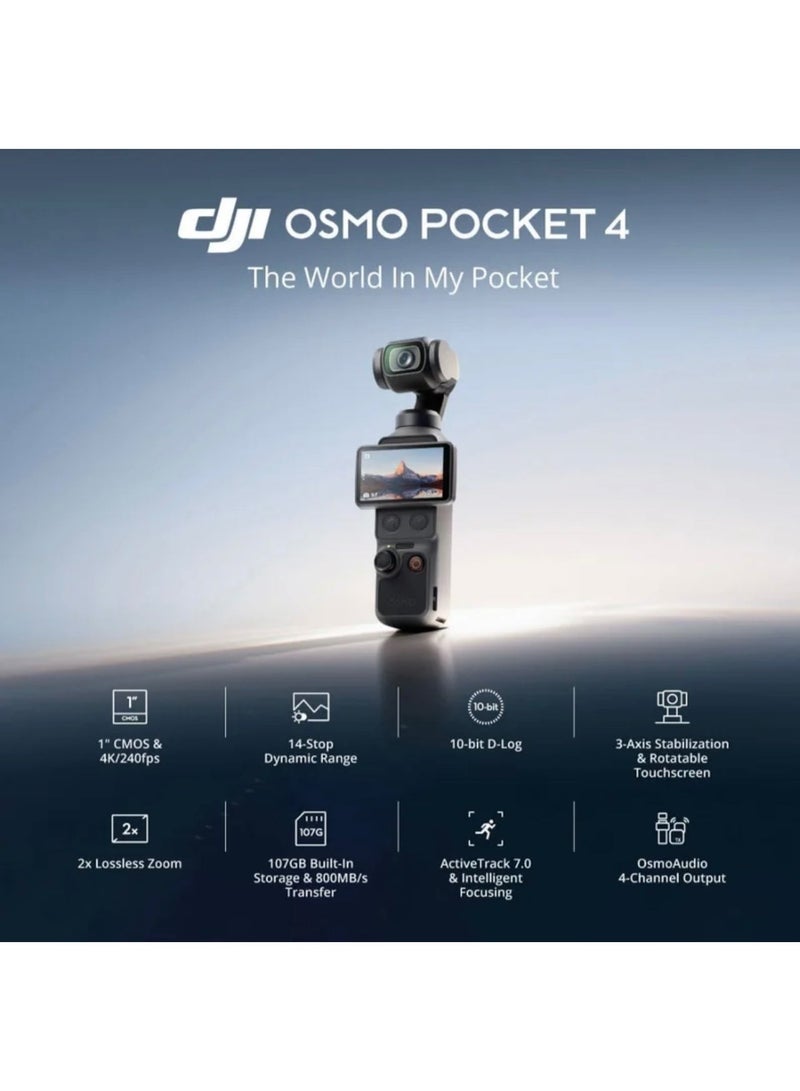 dji Osmo Pocket 4 Standard Combo, Pocket Gimbal Vlog Camera, 1" CMOS & 4K/240fps, 3-Axis Stabilization, 2× Lossless Zoom, 107GB Built-in Storage, 2" Rotatable Screen Official Warranty - Image 2