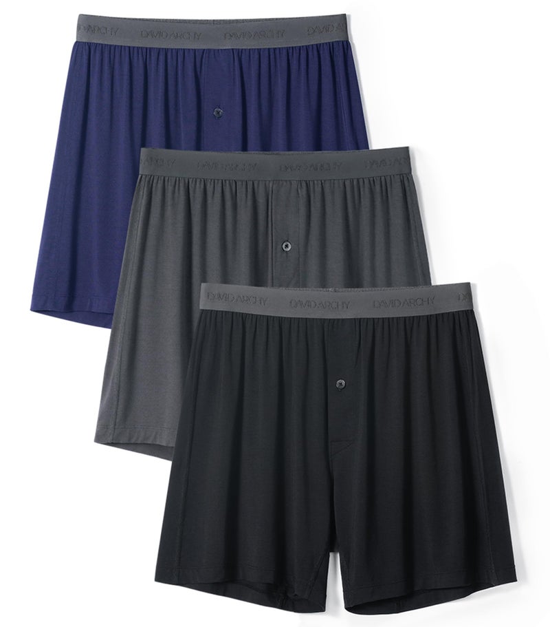 DAVID ARCHY Mens Underwear Bamboo Rayon Boxers for Men Breathable and Cool Men's Boxer Shorts with Button Fly 3 Pack (M,Navy Blue/Black/Dark Gray) - Image 1
