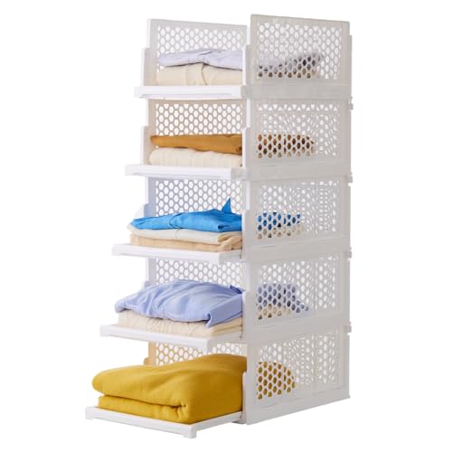 Uni HIMO Pull-out Plastic Storage Basket,Stackable Closet Organizers Drawer Anti-Tipping, Reinforced Stable Shelf Container for Bathroom Laundry Room Storage, Space-Saving Clothes Storage (white, Large-5pcs) - Image 1
