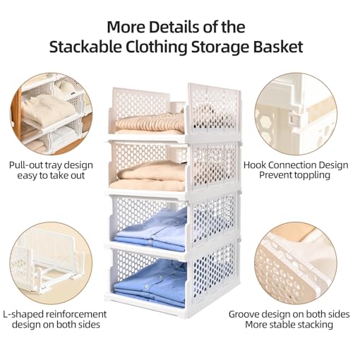 Uni HIMO Pull-out Plastic Storage Basket,Stackable Closet Organizers Drawer Anti-Tipping, Reinforced Stable Shelf Container for Bathroom Laundry Room Storage, Space-Saving Clothes Storage (white, Large-5pcs) - Image 4