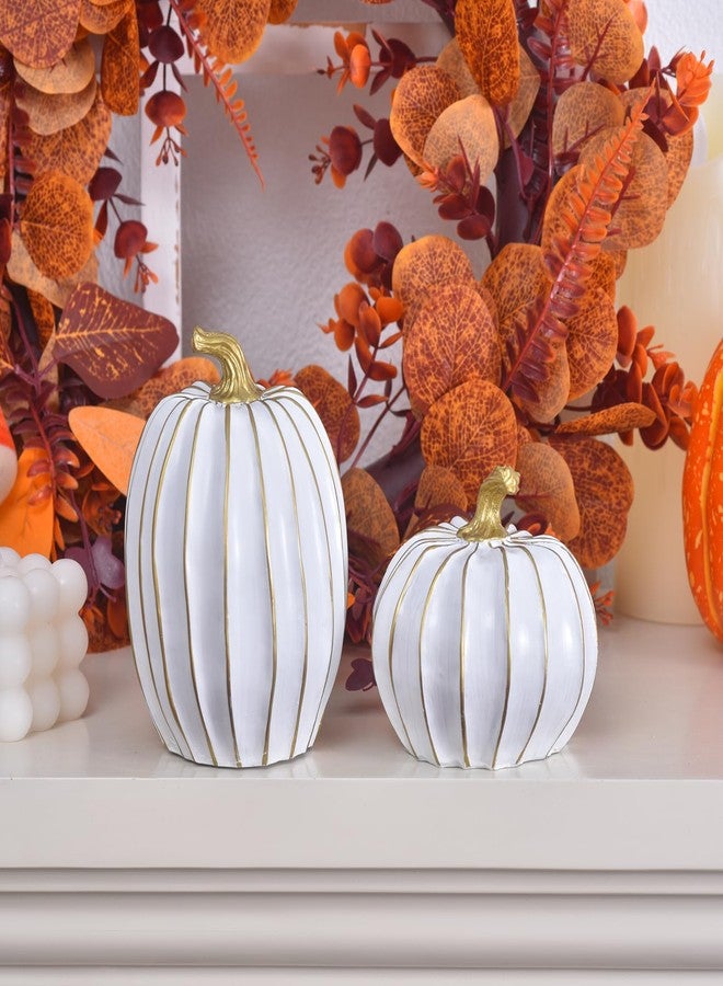 GHOSTMAGIC Fall Pumpkin Decor for Home, 2pcs White and Gold Resin Pumpkins, Thanksgiving Table Centerpiece, Halloween Pumpkin Decorations for Indoor, Shelf, Mantel, Tiered Tray Display (White) - Image 4