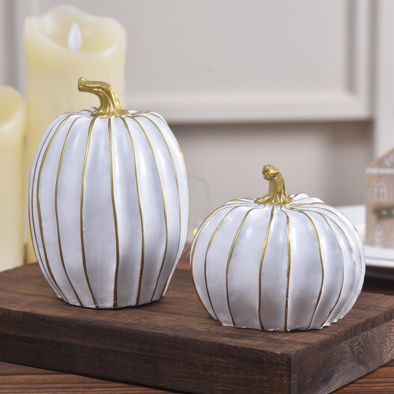 GHOSTMAGIC Fall Pumpkin Decor for Home, 2pcs White and Gold Resin Pumpkins, Thanksgiving Table Centerpiece, Halloween Pumpkin Decorations for Indoor, Shelf, Mantel, Tiered Tray Display (White) - Image 1