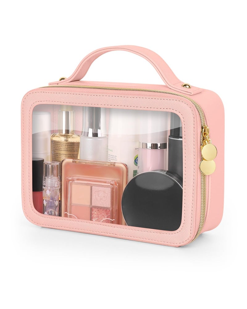 Soimeat Clear Makeup Bag Portable Travel Cosmetic Bags Multipurpose Leather Toiletry Bag with Zipper Waterproof Transparent Cosmetic Organizer for Women Medium Pink - Image 2