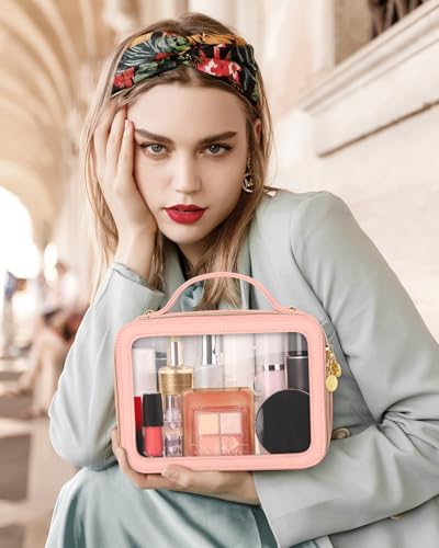 Soimeat Clear Makeup Bag Portable Travel Cosmetic Bags Multipurpose Leather Toiletry Bag with Zipper Waterproof Transparent Cosmetic Organizer for Women Medium Pink - Image 3