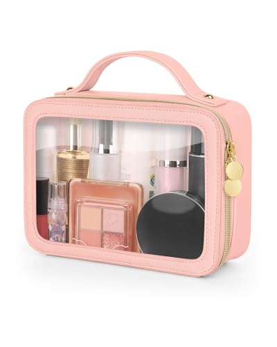 Soimeat Clear Makeup Bag Portable Travel Cosmetic Bags Multipurpose Leather Toiletry Bag with Zipper Waterproof Transparent Cosmetic Organizer for Women Medium Pink - Image 1