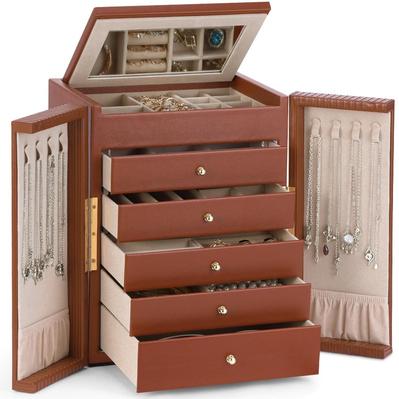 Dajasan Large Jewelry Organizer Box, Jewelry Boxes for Women Girls, 6-Tier Jewelry Storage Organizer with Mirror for Necklace Ring Bracelet Watch, Gift Idea (Brown) - Image 1