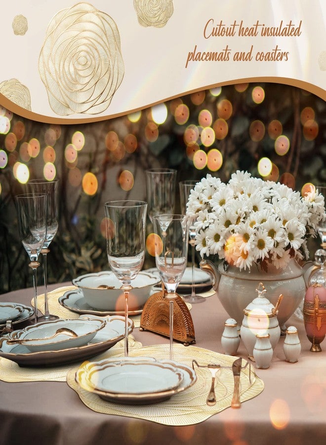 Sieral 48 Set 15 Inch Round Pressed Vinyl Placemats Hollow Out Rose Placemat Set Metallic Slip Resistant Place Mat Coaster Including Place Mats and Coasters for Wedding Dining Kitchen (Gold) - Image 5