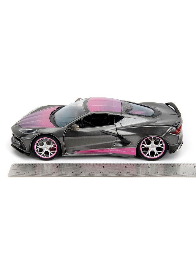 Jada Toys Pink Slips 1:24 W2 2020 Chevy Corvette Stingray Die-Cast Car W/Base, Toys For Kids And Adults(Metallic Grey/Pink)  - Image 3