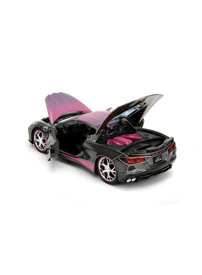 Jada Toys Pink Slips 1:24 W2 2020 Chevy Corvette Stingray Die-Cast Car W/Base, Toys For Kids And Adults(Metallic Grey/Pink)  - Image 2