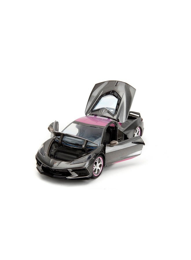 Jada Toys Pink Slips 1:24 W2 2020 Chevy Corvette Stingray Die-Cast Car W/Base, Toys For Kids And Adults(Metallic Grey/Pink)  - Image 1