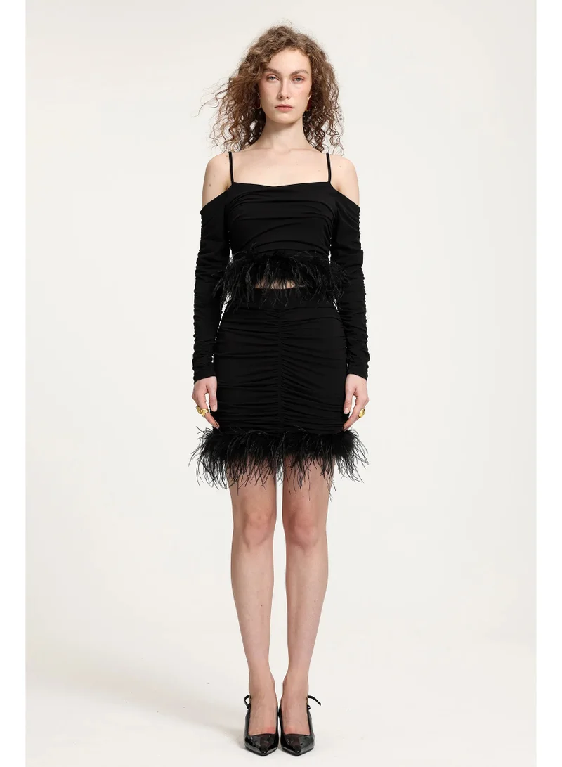 Bella Barnett Feather-Trimmed Ruched Off-Shoulder Jersey Set-Skye&amp;Iris