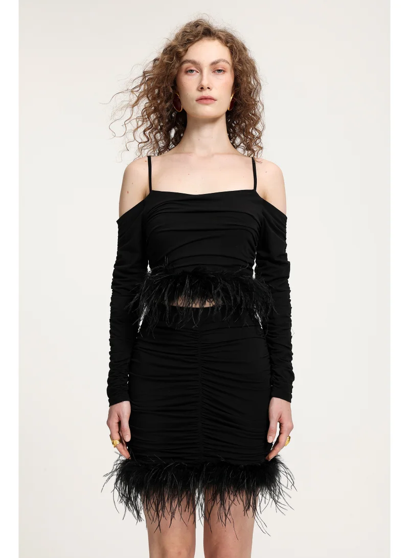 Bella Barnett Feather-Trimmed Ruched Off-Shoulder Jersey Set-Skye&amp;Iris