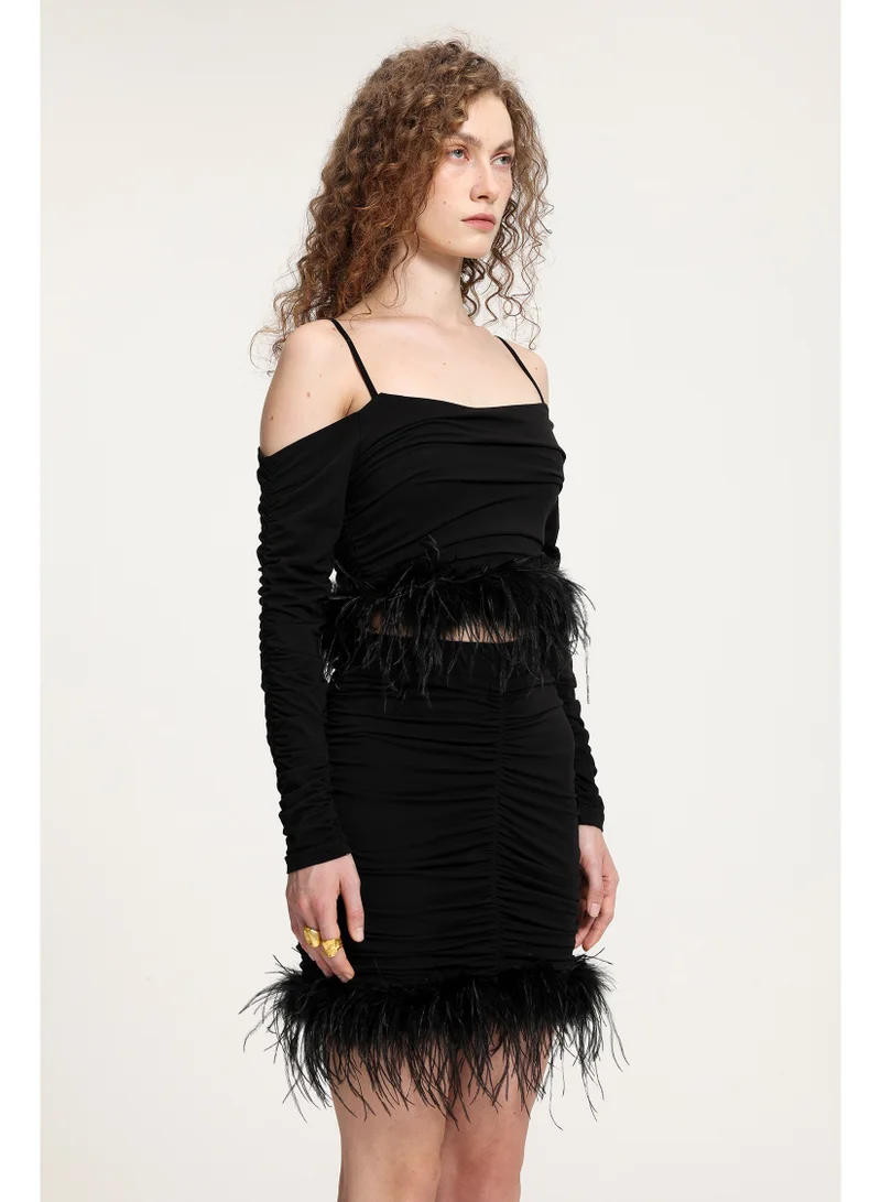Bella Barnett  Feather-Trimmed Ruched Off-Shoulder Jersey Set-Skye and Iris for Women | Best Price UAE