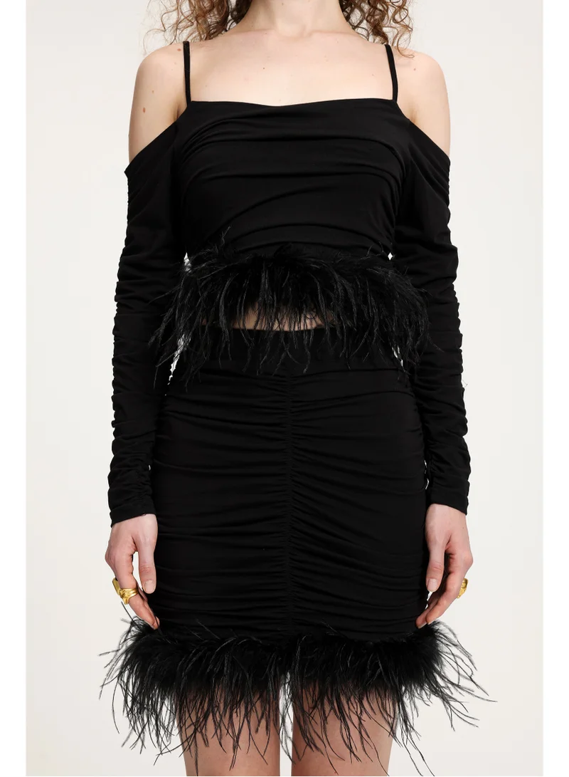 Bella Barnett  Feather-Trimmed Ruched Off-Shoulder Jersey Set-Skye and Iris for Women | Best Price UAE
