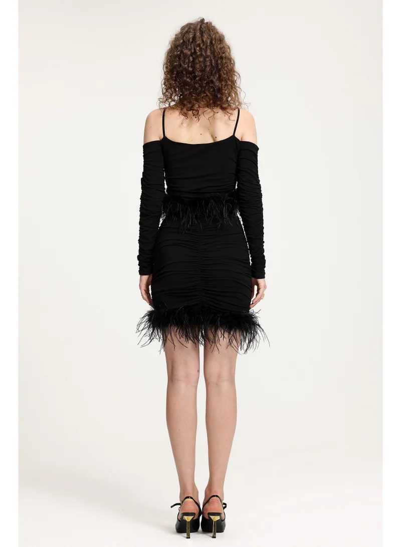 Bella Barnett  Feather-Trimmed Ruched Off-Shoulder Jersey Set-Skye and Iris for Women | Best Price UAE