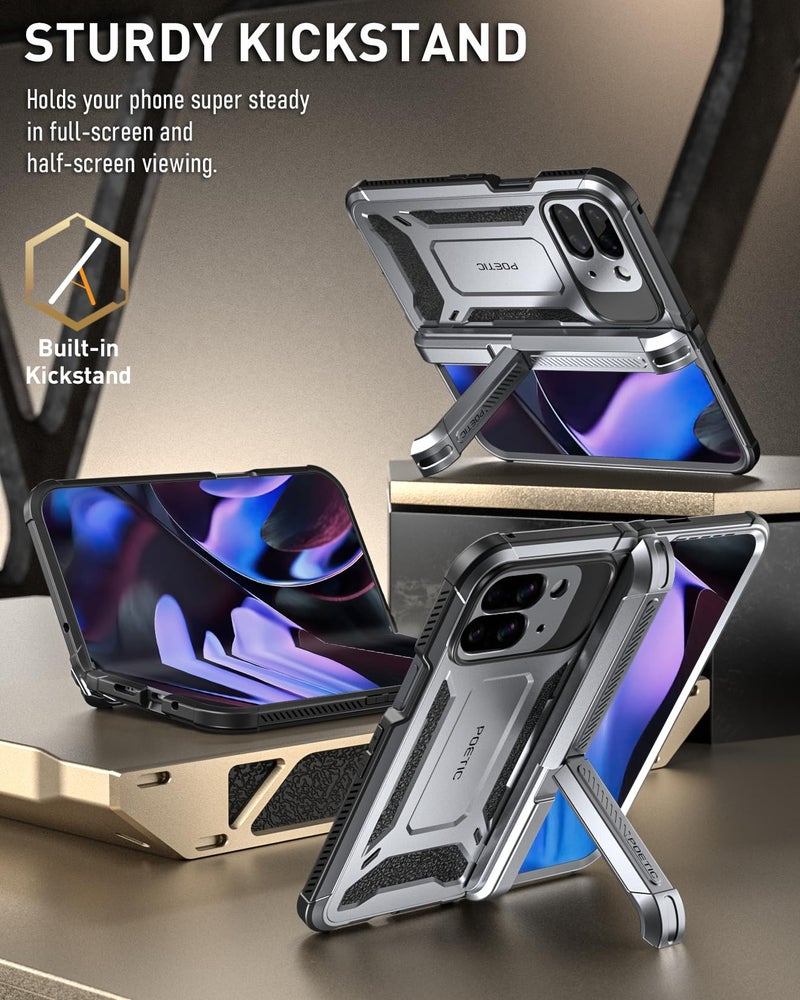 Poetic Spartan Case for Google Pixel 9 Pro Fold 5G, [Hinge Protection][Kickstand][Mil-Grade Protection] Full-Body Shockproof Protective Rugged Cover with Built-in Screen Protector, Metallic Gun Metal - Image 4