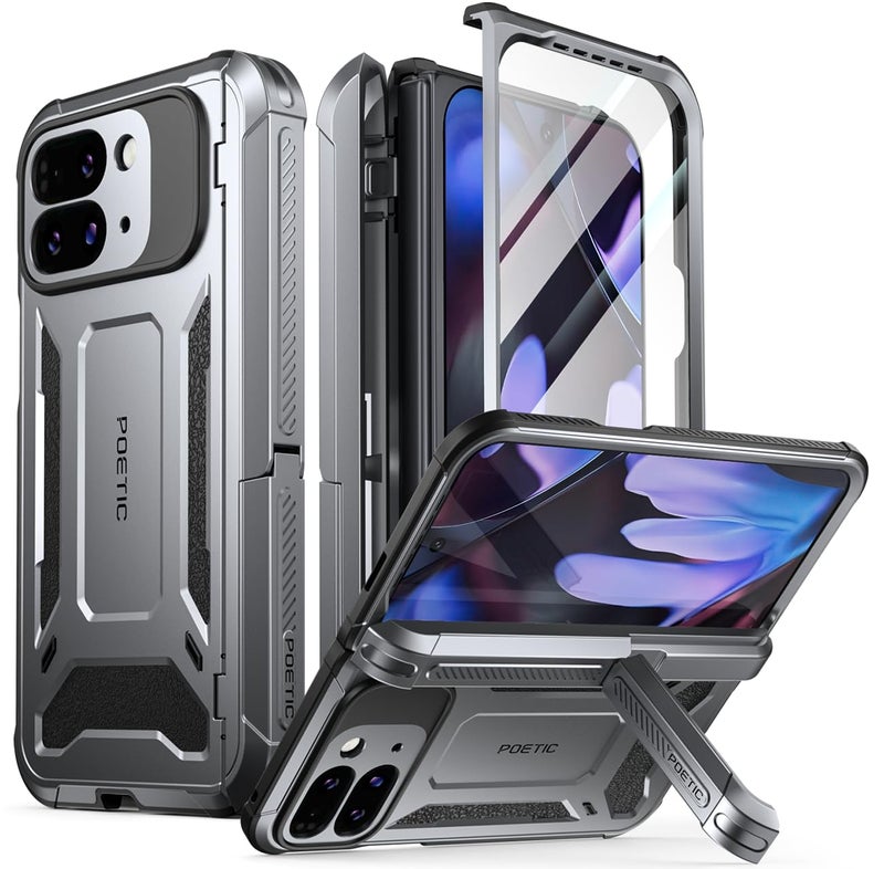 Poetic Spartan Case for Google Pixel 9 Pro Fold 5G, [Hinge Protection][Kickstand][Mil-Grade Protection] Full-Body Shockproof Protective Rugged Cover with Built-in Screen Protector, Metallic Gun Metal - Image 1