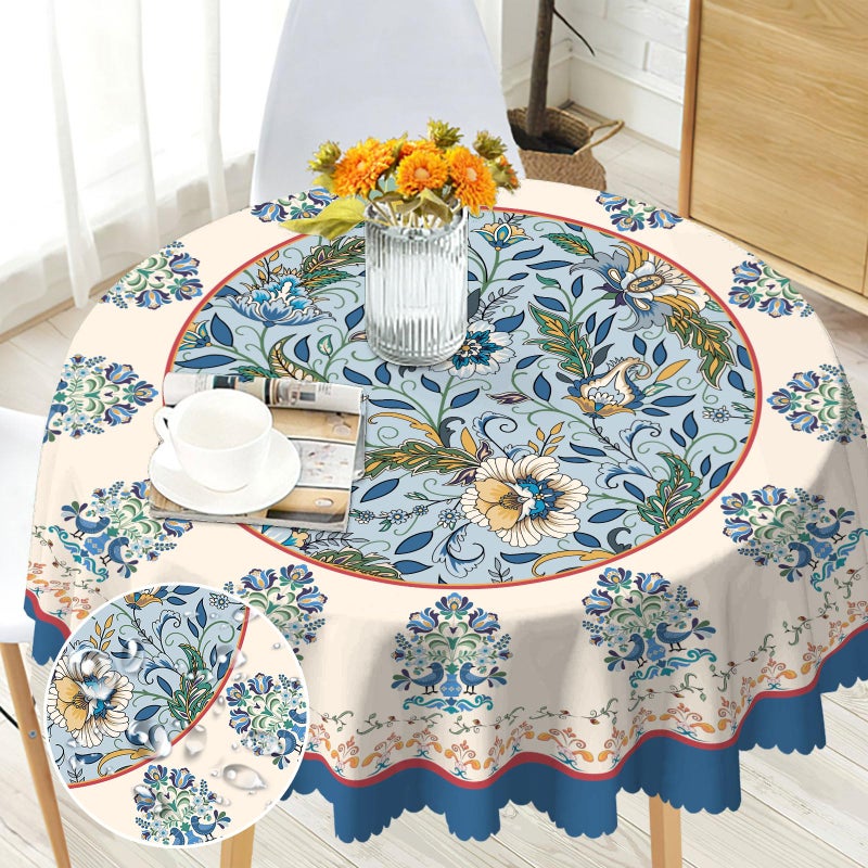 Arroganttiom Round Tablecloth 60 inch, Floral French Round Table Cloth, Stain Resistance Water Repellent Wrinkle-Free, Spring Blue Flower Circle Tablecloth for Home Kitchen Dining Party Patio Indoor Outdoor - Image 1