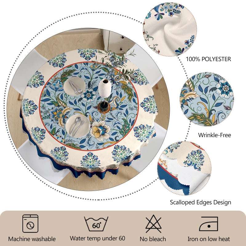 Arroganttiom Round Tablecloth 60 inch, Floral French Round Table Cloth, Stain Resistance Water Repellent Wrinkle-Free, Spring Blue Flower Circle Tablecloth for Home Kitchen Dining Party Patio Indoor Outdoor - Image 4