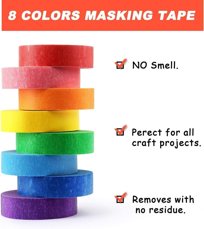 HZYH 8 Rolls Colored Masking Tape, Rainbow Colors Painters Tape, 15m x 1.8cm Per  Roll - Image 3
