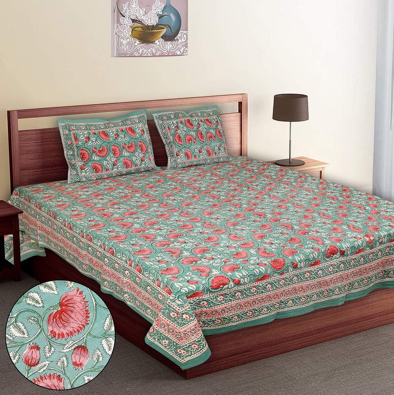 elanorhomes elanorhomes Cotton Double Bed Sheet King Size 90x108 Turquoise Pink Lotus 2 Pillow Covers 240 TC  - Image 1