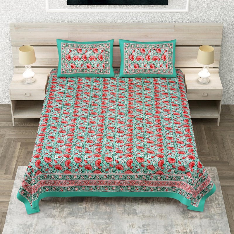 elanorhomes elanorhomes Cotton Double Bed Sheet King Size 90x108 Turquoise Pink Lotus 2 Pillow Covers 240 TC  - Image 4