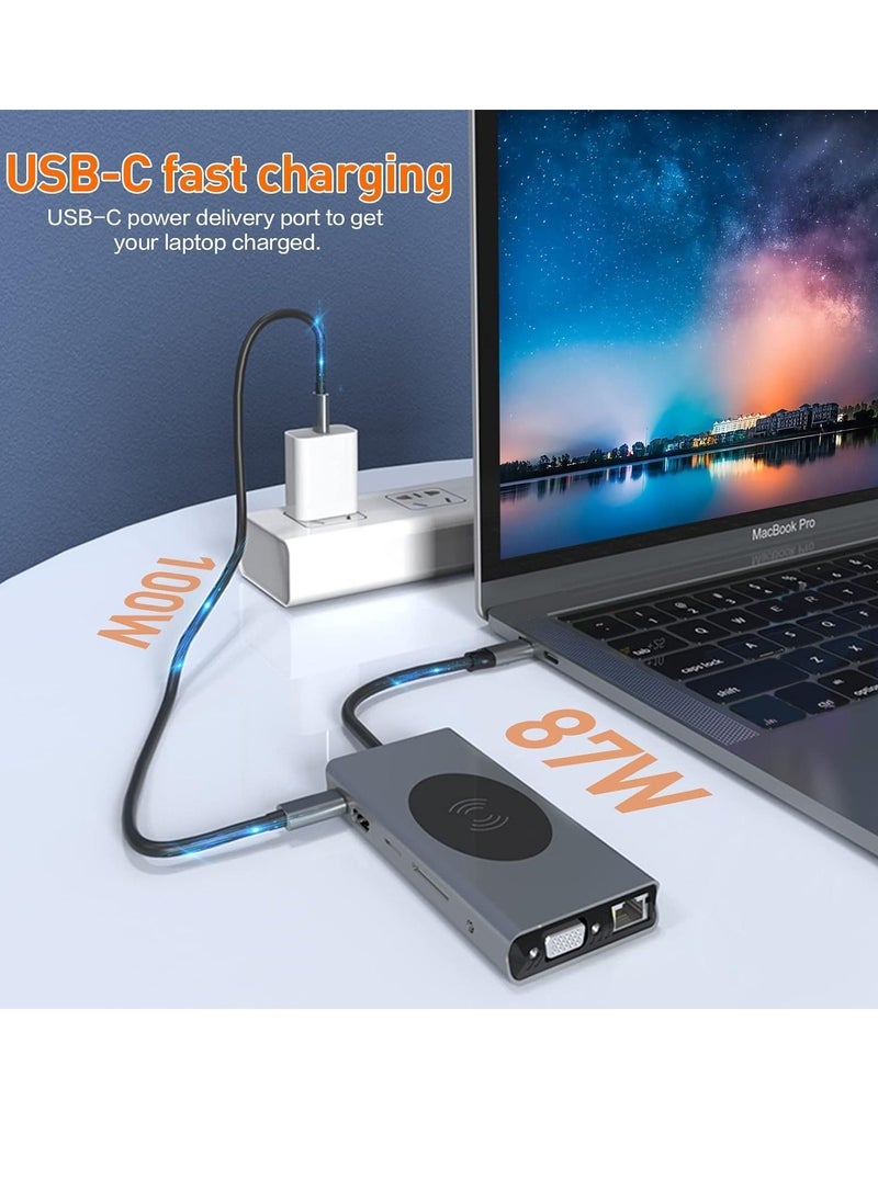 JAJEEK - 13-in-1 USB C Docking Station with Wireless Charging, 4K HDMI, VGA, USB 3.0, USB C, Ethernet, SD/TF Card Reader – Ultimate Adapter for MacBook Pro, MacBook Air & Type-C Devices – Expand Your Connectivity - Image 1