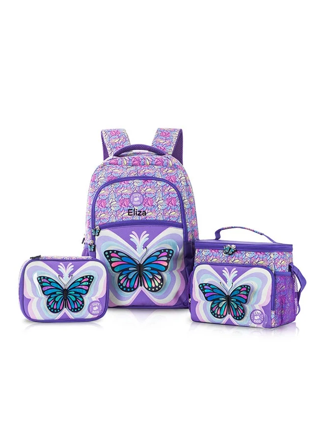 إيزي كيدز Eazy Kids - Personalized 18" Set of 3 Backpack w/Lunch Bag and Pencil Case - 3D Butterfly Purple