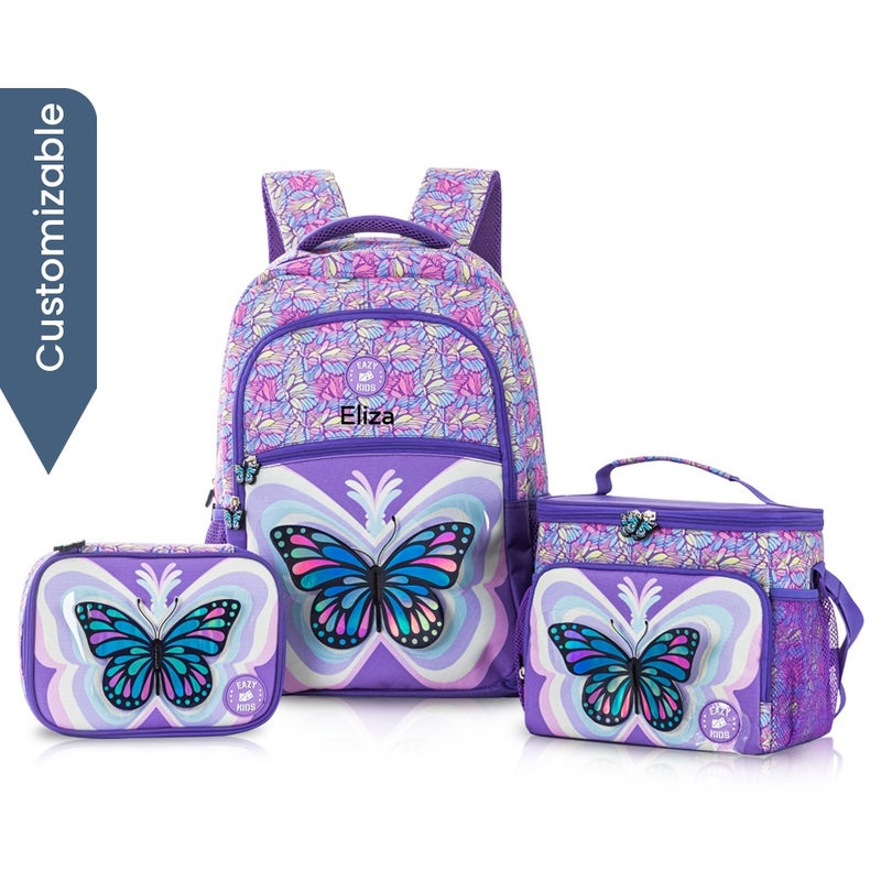 Eazy Kids - Personalized 18" Set of 3 Backpack w/Lunch Bag and Pencil Case - 3D Butterfly Purple - Image 1