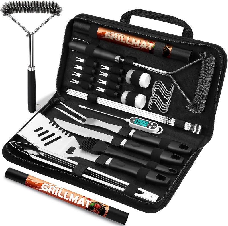 RINPIR 31pcs BBQ Grill Accessories Set for Men Dad, Heavy Duty Grilling Tools Gifts for Christmas, Stainless Steel BBQ Utensils Kit with Mats, Grill Brush in Carrying Bag Black - Image 1