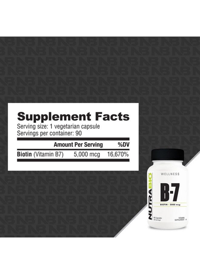 NutraBio مكمل نوترا بايو البيوتين (فيتامين ب-7) ، 5000 ميكروغرام - قد يساعد في تعزيز صحة الشعر والبشرة والأظافر ، 90 كبسولة نباتية - Image 2