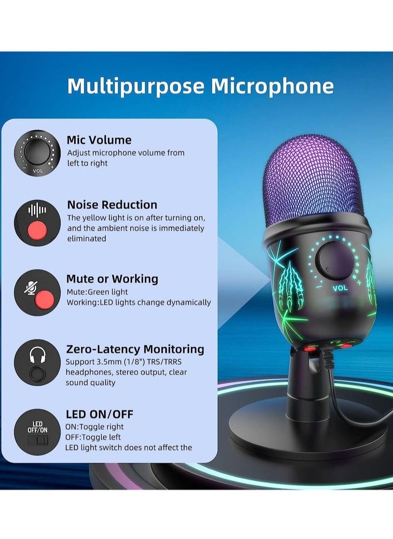 Generic - Gaming Microphone, USB Computer Microphone for PC, Mac, PS4/5, Condenser Podcast Mic for Studio Recording, YouTube, Streaming, with Headphone Jack, Led Light, Mute, Gain, Noise Cancellation - Image 1