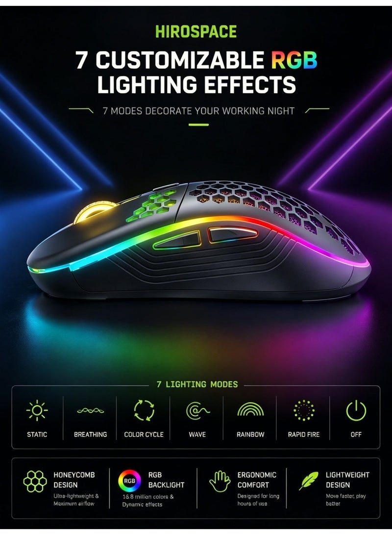 هيروسبيس ماوس للألعاب، تصميم مجوف على شكل خلية نحل، ماوس سلكي مريح مع إضاءة RGB خلفية، مناسب لأجهزة اللابتوب والكمبيوترات وأجهزة الكمبيوتر الشخصية، ماوس ألعاب RGB، أسود - Image 1