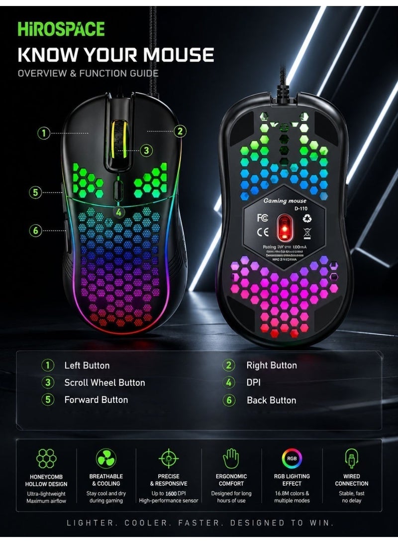 هيروسبيس ماوس للألعاب، تصميم مجوف على شكل خلية نحل، ماوس سلكي مريح مع إضاءة RGB خلفية، مناسب لأجهزة اللابتوب والكمبيوترات وأجهزة الكمبيوتر الشخصية، ماوس ألعاب RGB، أسود - Image 2