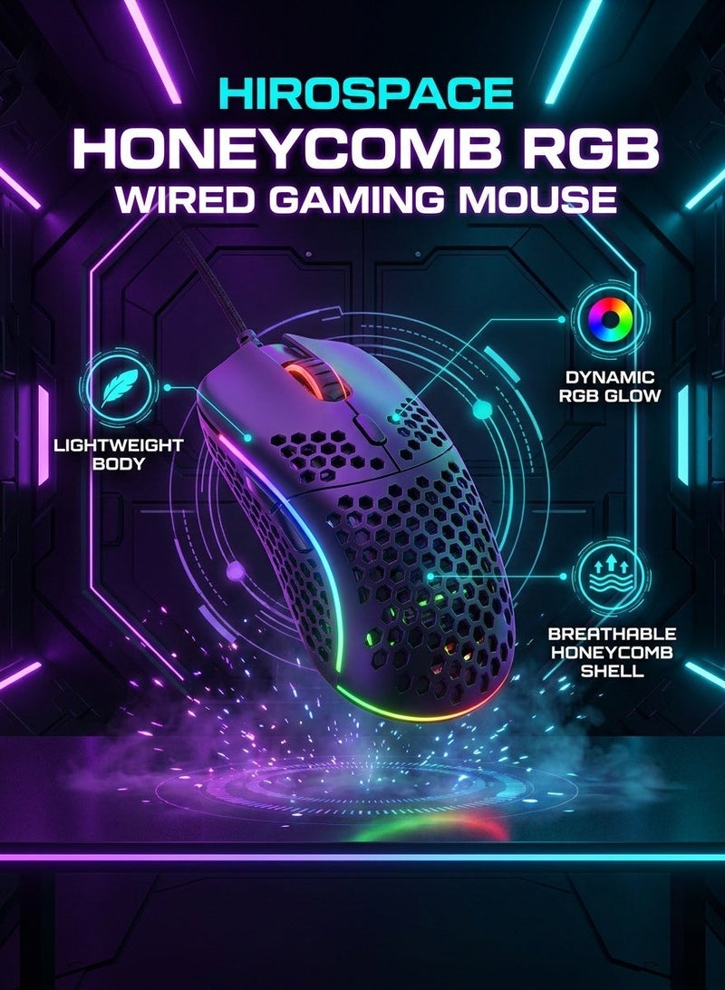 هيروسبيس ماوس للألعاب، تصميم مجوف على شكل خلية نحل، ماوس سلكي مريح مع إضاءة RGB خلفية، مناسب لأجهزة اللابتوب والكمبيوترات وأجهزة الكمبيوتر الشخصية، ماوس ألعاب RGB، أسود - Image 5