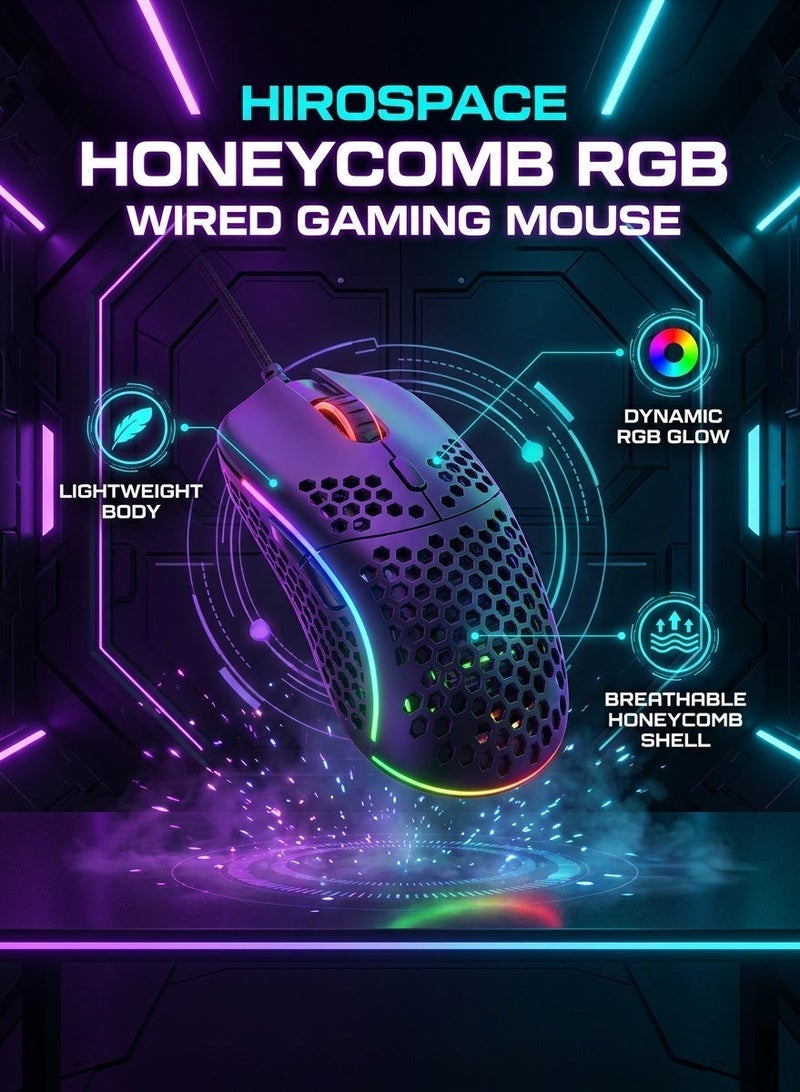 Hirospace Game mouse, honeycomb-shaped hollow design game mouse, ergonomic wired mouse with RGB backlighting, suitable for laptops, computers, personal computers, RGB game mouse, black - Image 4