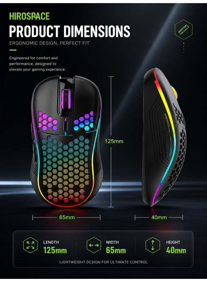 هيروسبيس ماوس للألعاب، تصميم مجوف على شكل خلية نحل، ماوس سلكي مريح مع إضاءة RGB خلفية، مناسب لأجهزة اللابتوب والكمبيوترات وأجهزة الكمبيوتر الشخصية، ماوس ألعاب RGB، أسود - Image 2