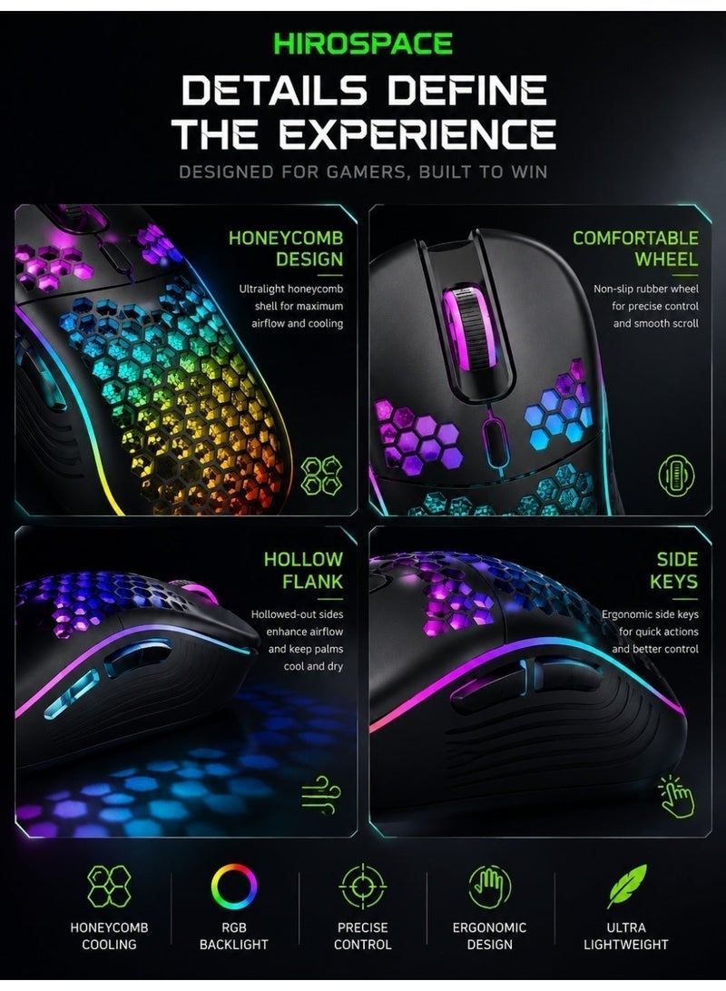 هيروسبيس ماوس للألعاب، تصميم مجوف على شكل خلية نحل، ماوس سلكي مريح مع إضاءة RGB خلفية، مناسب لأجهزة اللابتوب والكمبيوترات وأجهزة الكمبيوتر الشخصية، ماوس ألعاب RGB، أسود - Image 3