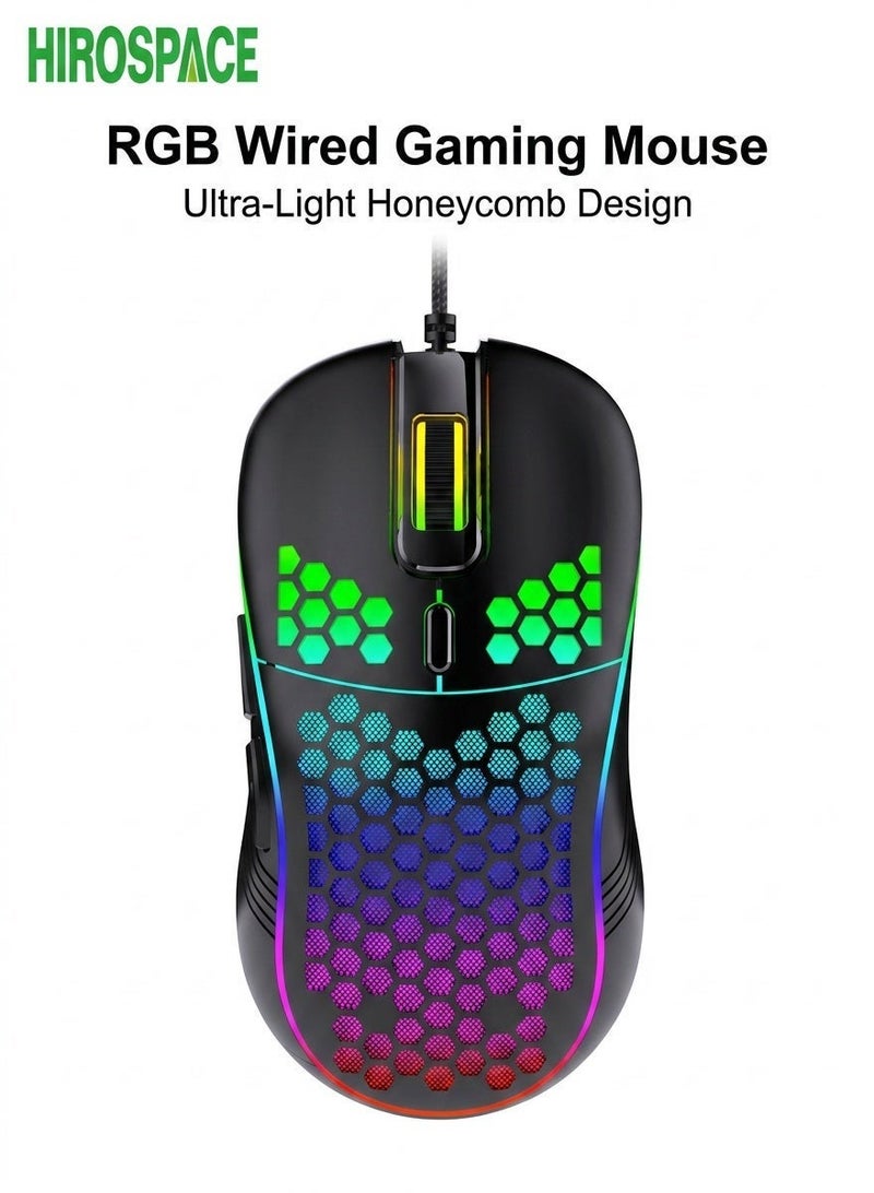 هيروسبيس ماوس للألعاب، تصميم مجوف على شكل خلية نحل، ماوس سلكي مريح مع إضاءة RGB خلفية، مناسب لأجهزة اللابتوب والكمبيوترات وأجهزة الكمبيوتر الشخصية، ماوس ألعاب RGB، أسود - Image 1