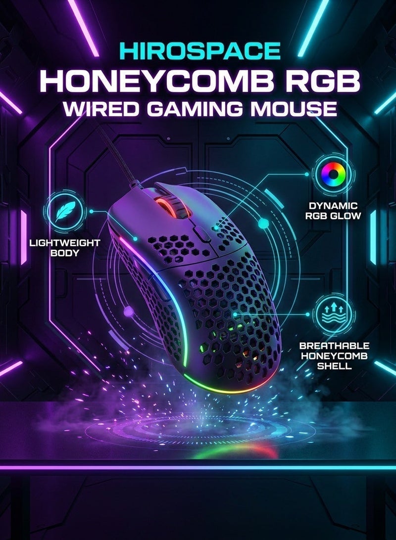 هيروسبيس ماوس للألعاب، تصميم مجوف على شكل خلية نحل، ماوس سلكي مريح مع إضاءة RGB خلفية، مناسب لأجهزة اللابتوب والكمبيوترات وأجهزة الكمبيوتر الشخصية، ماوس ألعاب RGB، أسود - Image 4