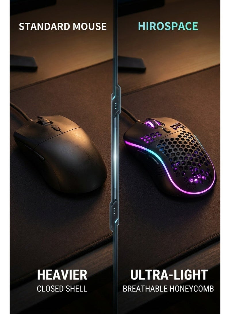 هيروسبيس ماوس للألعاب، تصميم مجوف على شكل خلية نحل، ماوس سلكي مريح مع إضاءة RGB خلفية، مناسب لأجهزة اللابتوب والكمبيوترات وأجهزة الكمبيوتر الشخصية، ماوس ألعاب RGB، أسود - Image 5